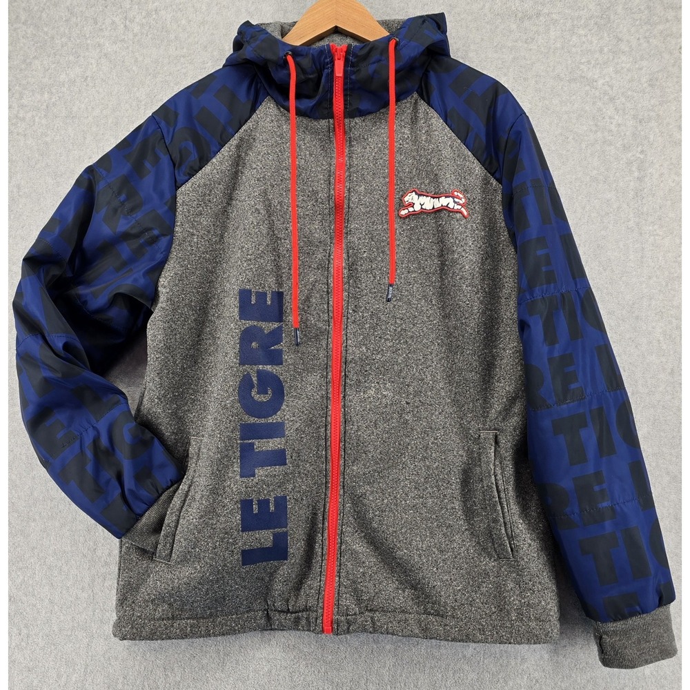 Le Tigre Patriot Hybrid Jacket Mens M LA-501 Gray‎ Blue Full Zip Hooded Logo